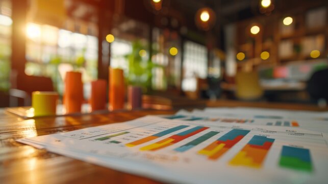 A close focus on business financial charts and colorful pie graphs laid out on a desk, indicating data analysis or strategic planning.