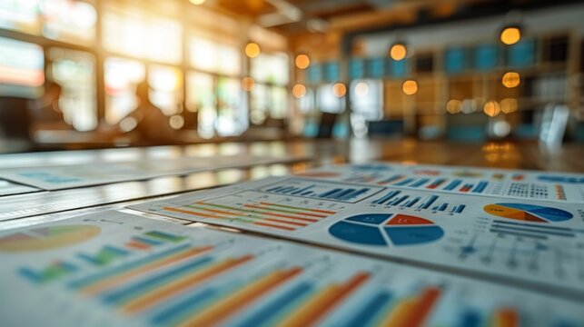 A close focus on business financial charts and colorful pie graphs laid out on a desk, indicating data analysis or strategic planning.