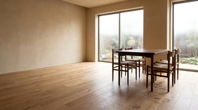 Minimalist dining room with wooden table and chairs in empty space.