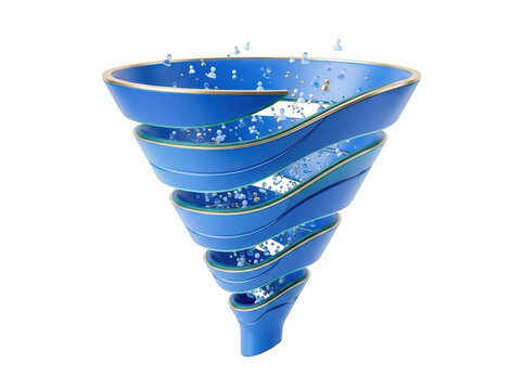 Twisting blue sales funnel filled with person icons and glass beads.