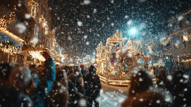 A festive street parade with floats decorated in Christmas lights, people waving, and snowflakes falling, 8k, realistic, full ultra HD, high resolution, cinematic photography
