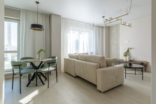Modern Living Room and Dining Area Interior with Sofa and Dining Table