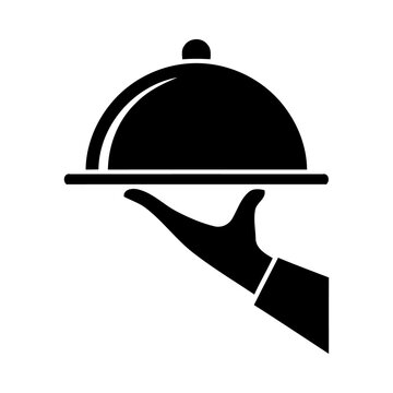 Waiter hand holding a silver serving tray dome icon