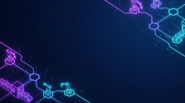 Abstract Digital Twin Technology Manufacturing Simulation Background Template with Glowing Data Lines and Copy Space