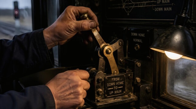 Close up of Railway Signal Maintainers Hands Operating Lever in Train Cab