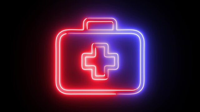 First aid kit symbol glowing with neon lights on black background motion graphic.