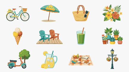 Naklejka premium Modern Colorful Summer Lifestyle Icons Set with Bicycle Umbrella Picnic Plants and Refreshments