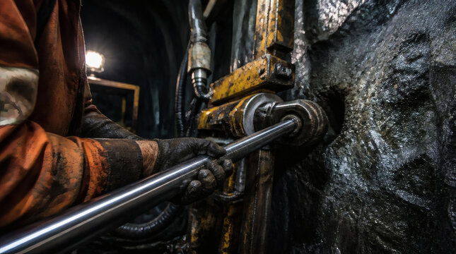 Miner Operates Rock Drill Machine in Dark Underground Mine Setting