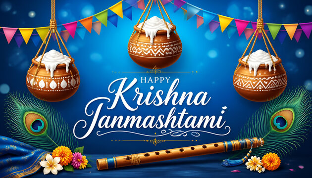 Happy Krishna Janmashtami celebration with dahi handi flute and peacock feathers