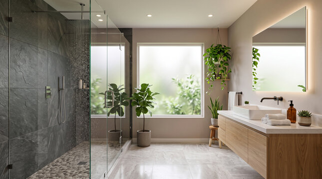 Luxury modern bathroom with freestanding bathtub and rain shower. High-end spa-inspired master ensuite featuring sleek design and natural lighting.