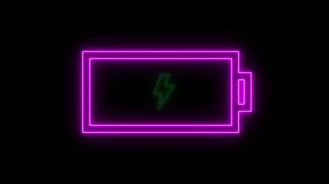 Neon glow battery charging sign on dark background energy level indicator fast power source for electric devices.