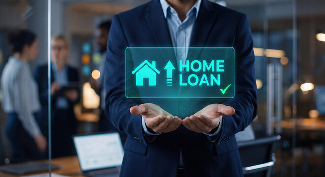 businessman holds glowing home loan hologram, display house icon, show approval checkmark, present upward trend arrow, track mortgage growth data