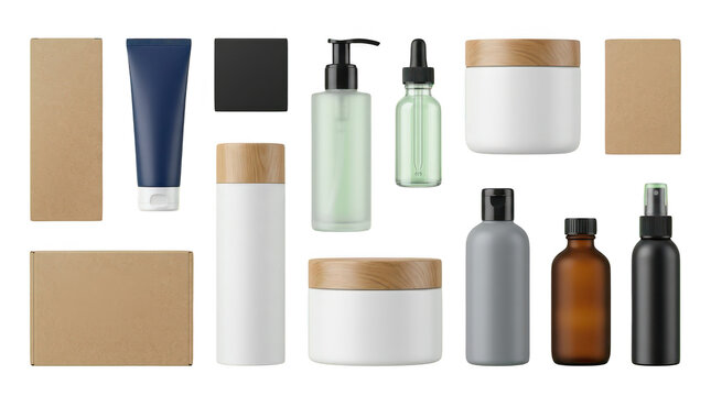 Cosmetic packaging mockups with various colors and materials.