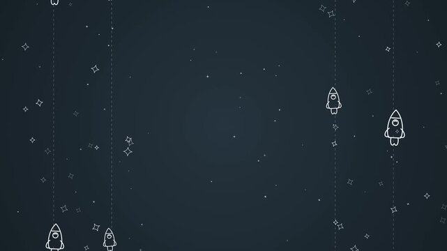 Dark chalkboard background with white doodle rockets flying up. This seamless space motion graphic loop is perfect for educational science and startup business video designs.