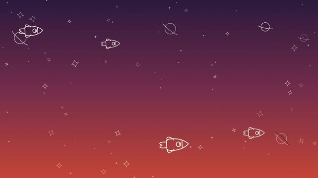 Dark crimson gradient background with white doodle rockets and planets. This seamless space motion graphic loop is perfect for cute kids and educational science video designs.