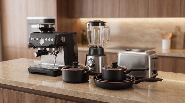 Modern kitchen appliances on wooden countertop