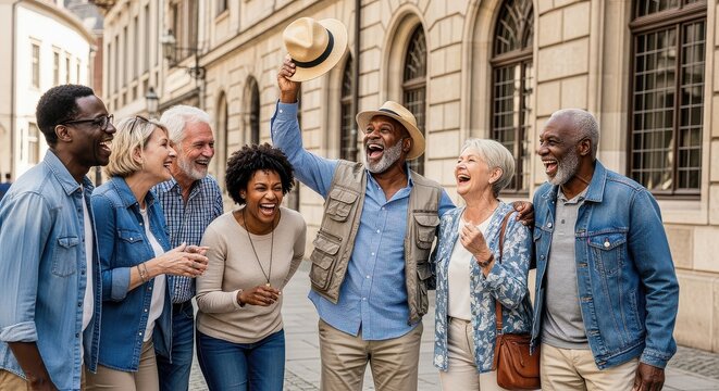 Diverse Group of Happy Senior Friends Laughing and Enjoying a City Tour Together on a Sunny Day