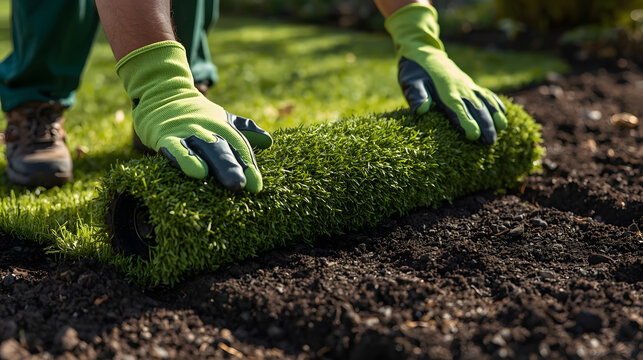 Laying Sod: Close-up of gloved hands carefully unrolling a fresh green sod roll onto dark soil, creating a new lawn.