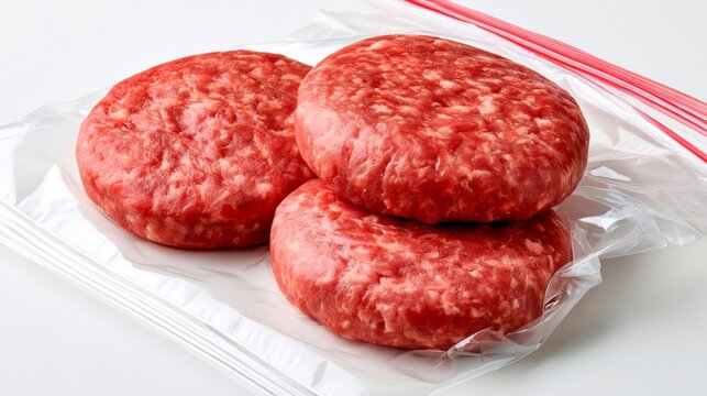 Raw beef hamburger patties in plastic storage bag