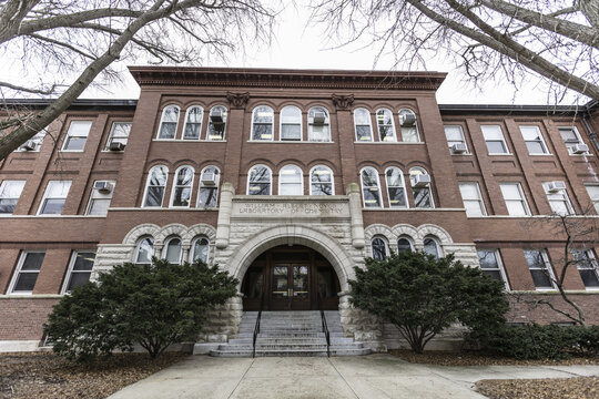 Champaign, Illinois, United States - 18 January 2017: View of the William Albert Noyes Laboratory of Chemistry at the University of Illinois Urbana-Champaign with its red brick facade.