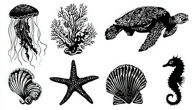 Set of black and white sea life illustrations including turtle jellyfish starfish seahorse coral and seashells