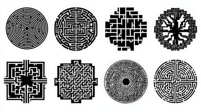 Set of various intricate geometric mazes and circular labyrinth patterns with maze design maze art mind game