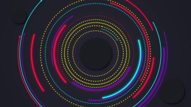 Dark neumorphic background with rotating neon colored data rings. This seamless abstract HUD motion graphic loop is perfect for futuristic technology video designs.