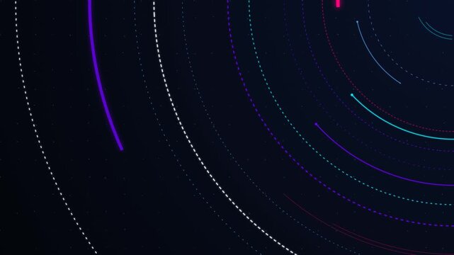 Dark space background with rotating neon blue and pink data rings. This seamless futuristic HUD motion graphic loop is perfect for sci-fi and digital technology video designs.