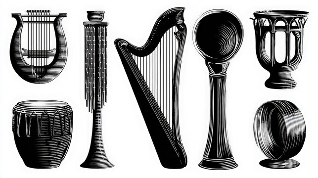 Assorted vintage musical instruments silhouette set featuring harps and percussion elements instrument percussion
