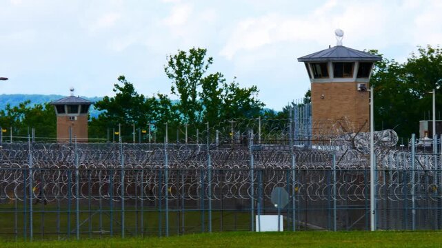 Southern Ohio Correctional Institute, maximum security prison in Lucasville, Ohio, guard tower and razor-wire fence.