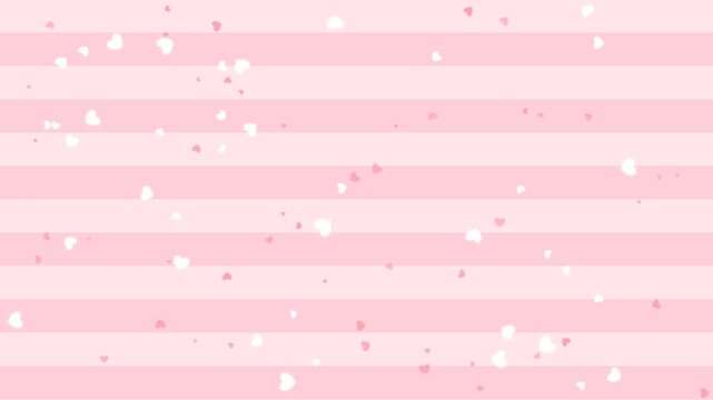 Soft pink striped background with floating white and pink hearts. This seamless romantic motion graphic loop is perfect for cute Valentine and baby shower video designs.
