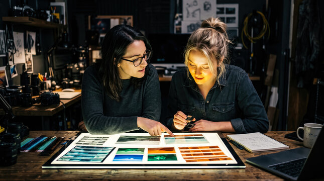 Two creative women collaborating and discussing photographic prints on a bright light table in a cozy, modern design studio.