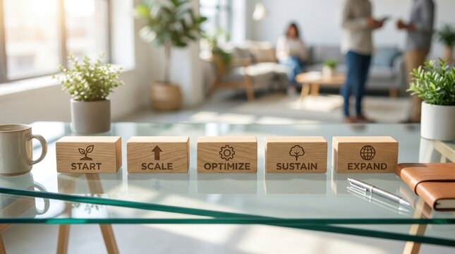 Business Growth Strategy Conceptual Blocks Representing Start Scale Optimize Sustain and Expand Workflow for Sustainable Corporate Development