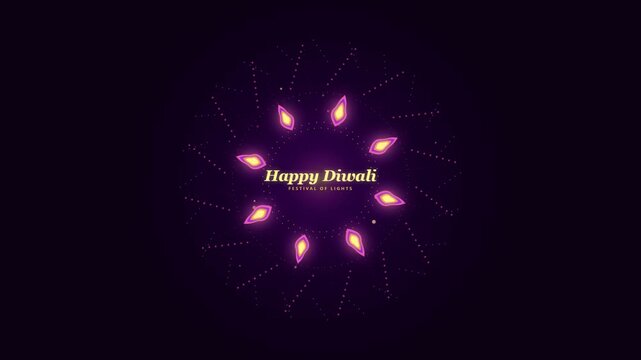 Happy diwali greeting with glowing neon lamps and sparkling particle patterns on dark background for festival celebration.