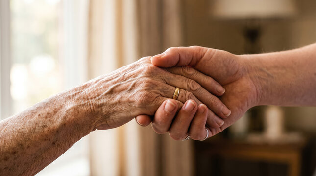 Compassionate nurse holding the hand of an elderly patient to provide comfort and emotional support