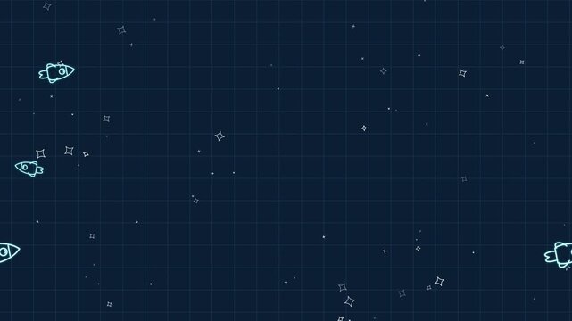 Dark blue blueprint background with flying cyan doodle rockets and stars. This seamless motion graphic loop is perfect for educational science and startup business video designs.