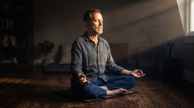 Man practicing meditation in a peaceful home studio with soft sunlight streaming through window.