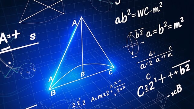 Mathematical equations and geometric triangle on blue technical blueprint background for science education