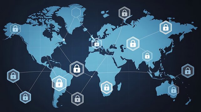 Global cybersecurity concept with connected network map and digital lock symbols representing worldwide internet safety and data protection