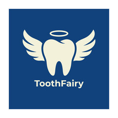 Tooth Fairy logo with wings and halo on blue background