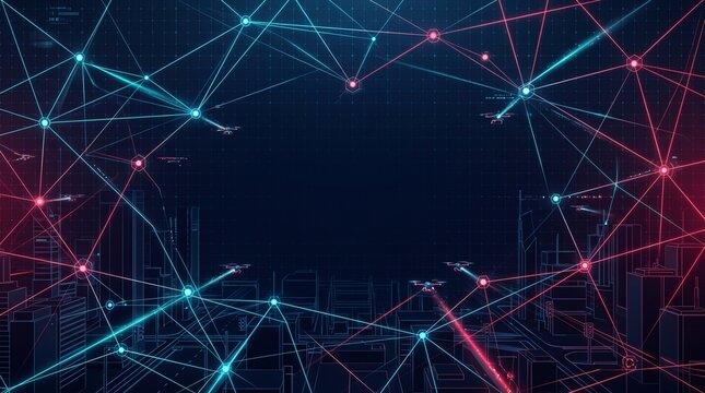Abstract AI Drone Surveillance Technology Background Template with Glowing Scan Lines and Copy Space