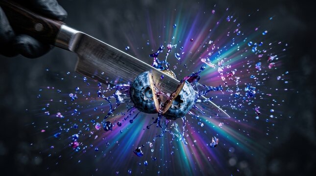 Chef hand using sharp knife slicing fresh blueberry with vibrant light burst motion effect and exploding juice droplets captured on dark background