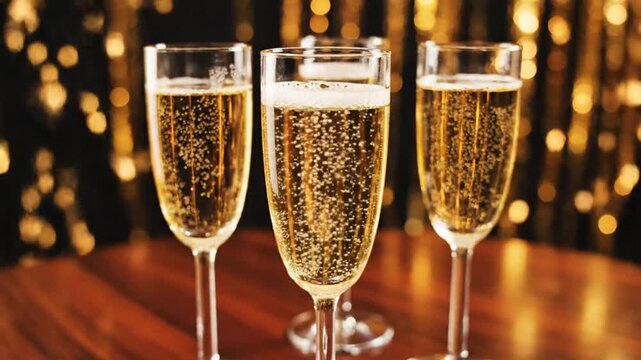 Champagne flutes with bubbles against a golden bokeh background