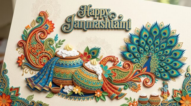 Happy janmashtami greeting card with traditional indian art style, vibrant peacock feather, and decorative dahi handi pots.