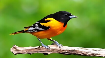 Fototapeta premium Bright yellow and black American redstart bird perched on natural branch in lush green forest