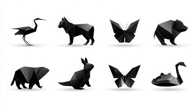 Collection of black low poly origami animal models featuring crane wolf butterfly and rabbit geometric butterfly