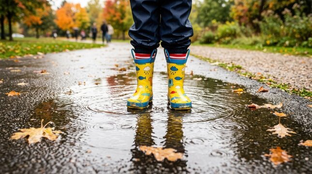Close up of a childs legs wearing yellow rain boots standing in a puddle on an autumn path with fallen leaves during a wet day in the local park