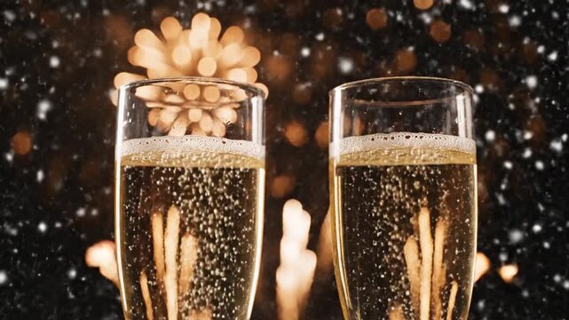 Champagne flutes with golden fireworks and snow background