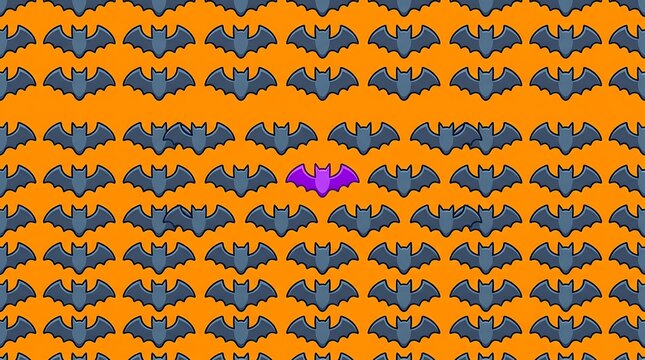 Seamless pattern featuring many dark blue bats on a bright orange background for a fun halloween holiday design