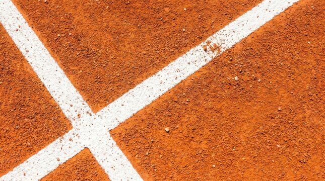 Close up overhead view of intersecting white lines on a professional orange clay tennis court surface showing gritty texture and bright summer